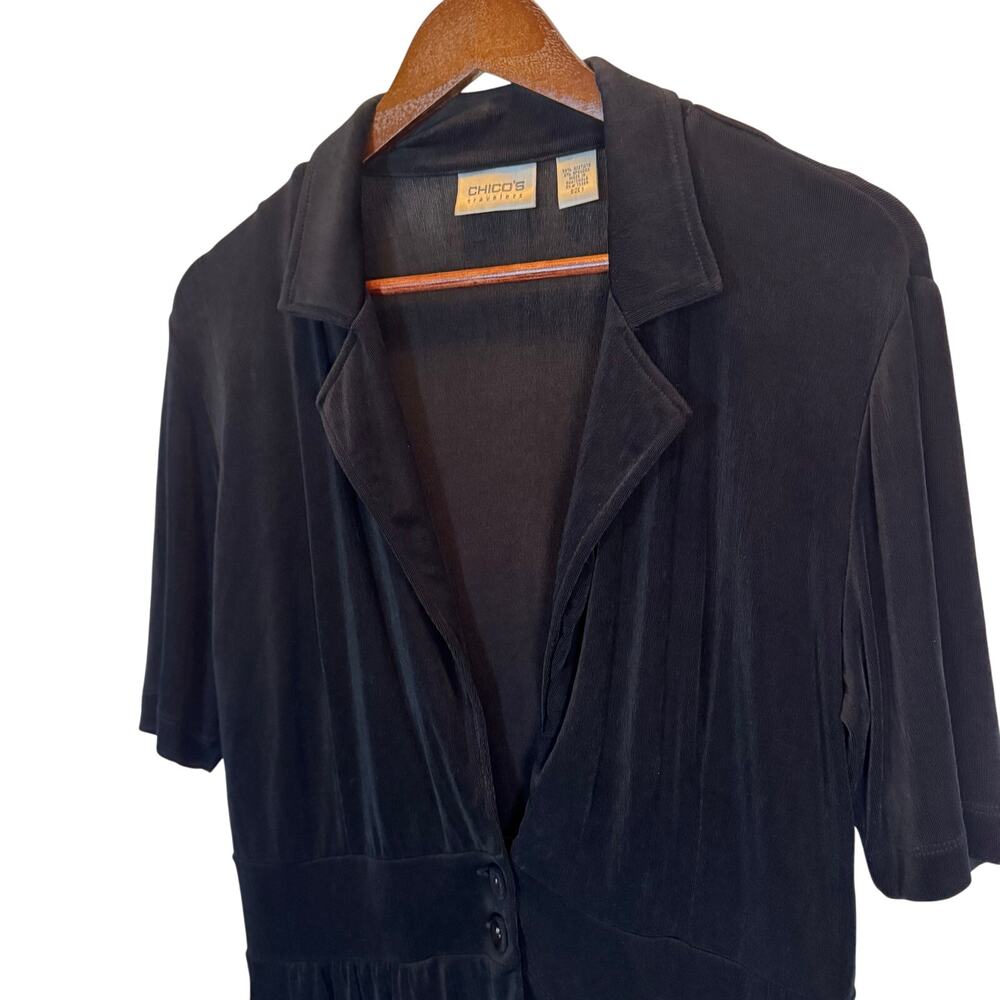 Chico’s Travelers Women’s 1 Black Slinky V-Neck Button Top Stretch Travel Blouse